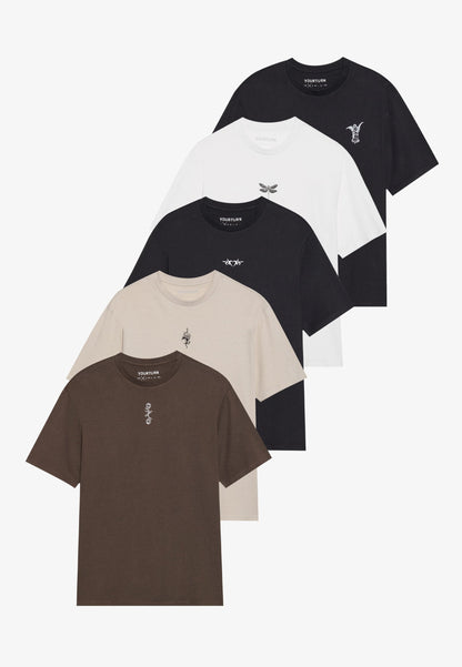 YOURTURN UNISEX 5 PACK - Print T-shirt - Chocolate Brown/moonbeam/bright White/true Black