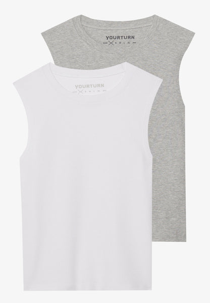 YOURTURN BASIC RIB MUSCLE TANKS UNISEX 2 PACK - Top - White/grey
