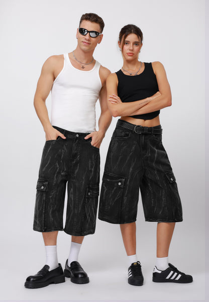 YOURTURN UNISEX - Denim Shorts - Black