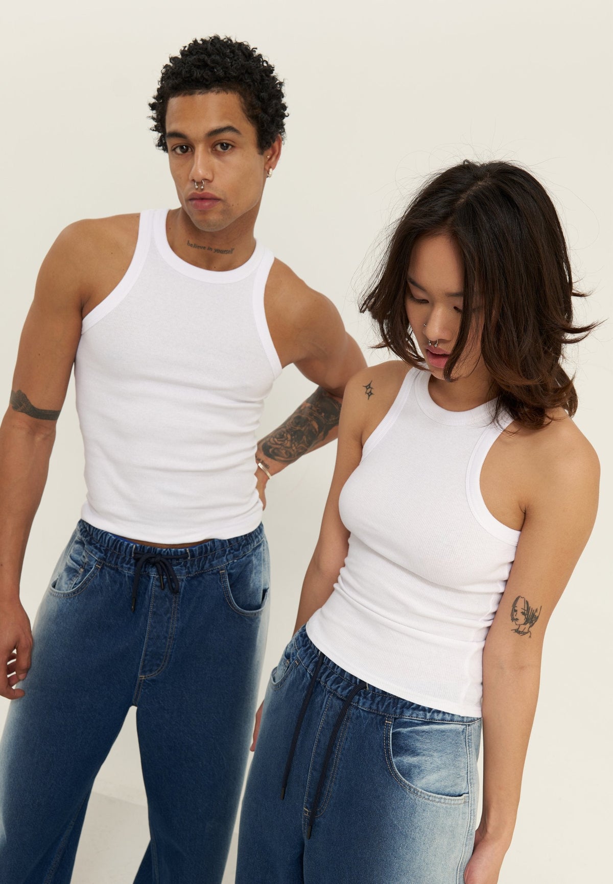 YOURTURN BASIC RIB MUSCLE RACER TANKS UNISEX 2 PACK - Top - White/black